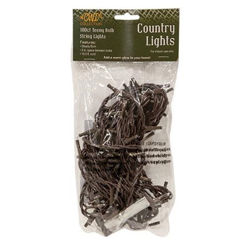 100 Ct Count Teeny Rice Clear Bulbs Brown Wire Cord Light Set String Primitive