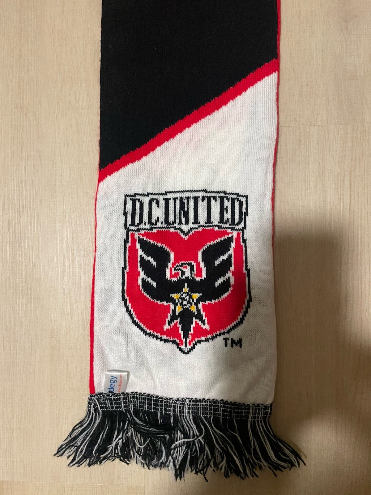 DC United Soccer Scarf MLS Das Auto Volkswagon Knit - Red, Black, & White Fringe