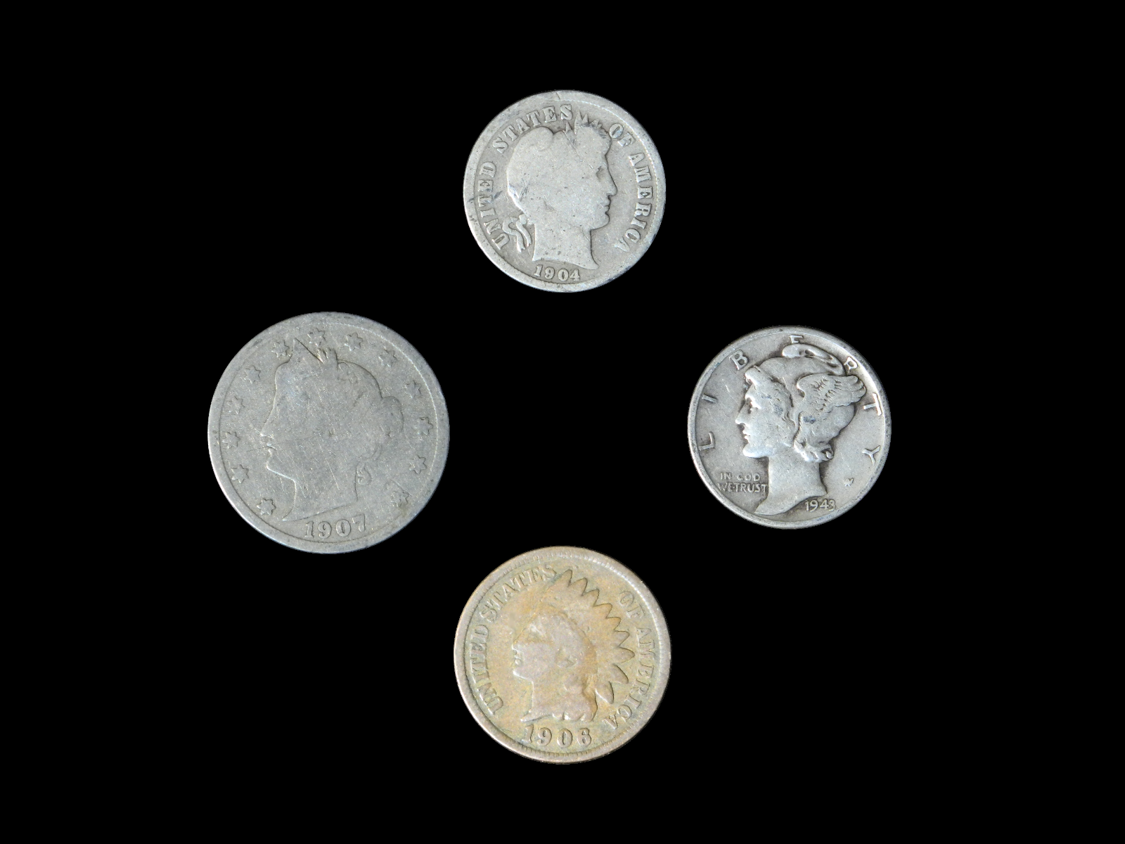 4 Coin US Estate Lot Set Barber Dime Indian Head Liberty V & Mercury