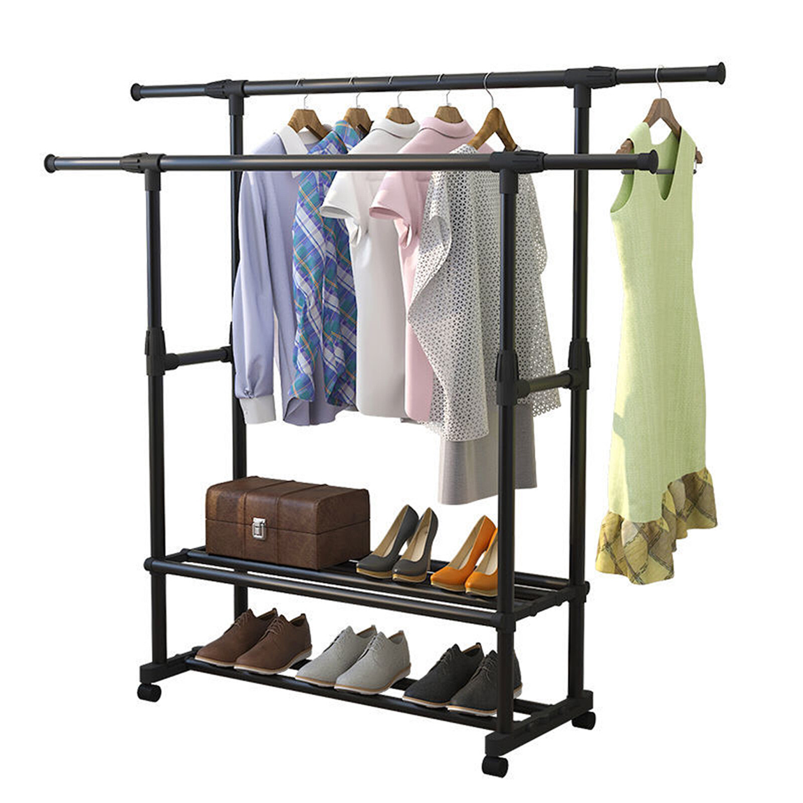 Heavy Duty Clothing Garment Rack Rolling Clothes Organizer Double Rails Hanging