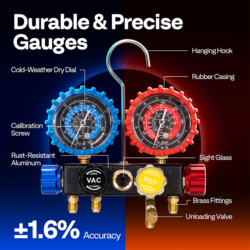 AC Manifold Gauge Set 4 Way For R134a R410a R22 R32 Refrigerat with 5ft Hoses