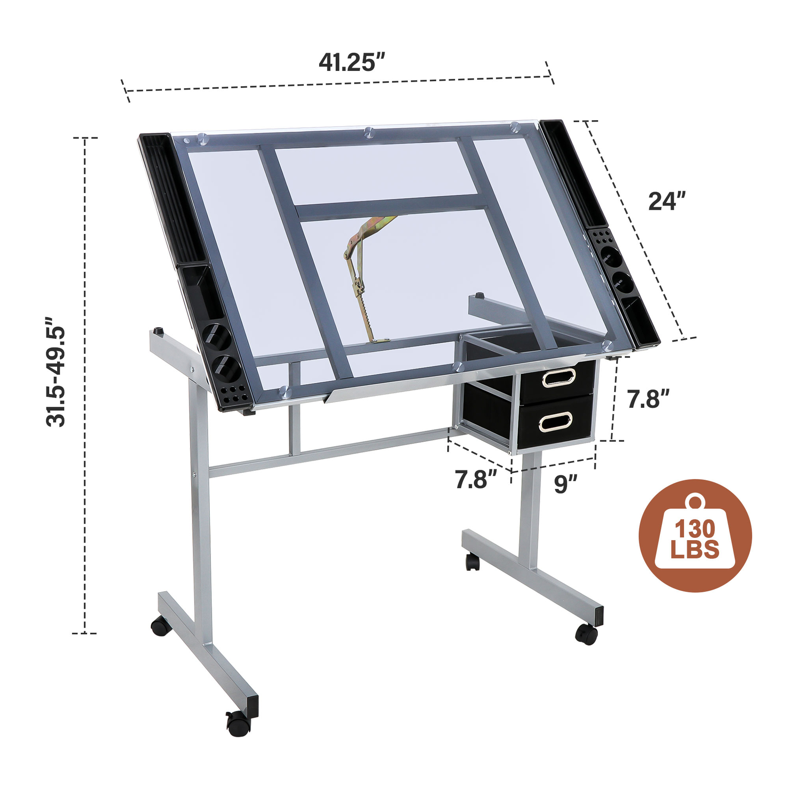 Rolling Drawing Drafting Table Tempered Glass Desktop Saving Space for Work