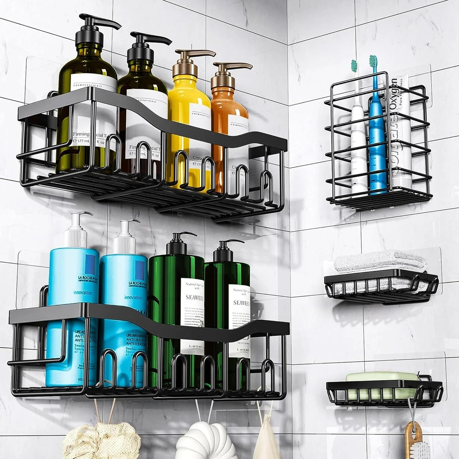 5 Pack/Set Shower Caddy Adhesive Shower Organizer for Bathroom & Kitchen | Black