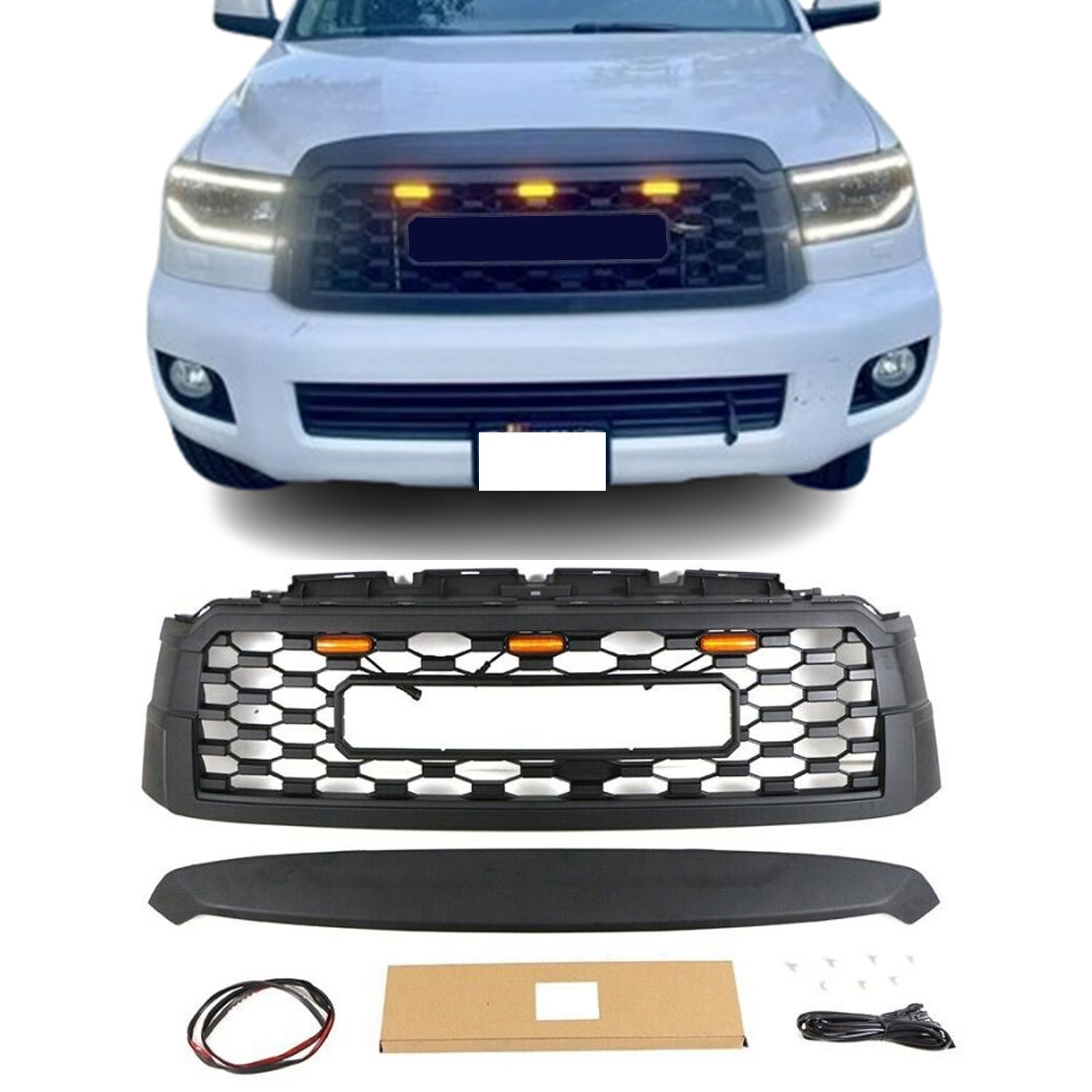 TRD Pro Style Grille for 2010-2021 Toyota Sequoia Matte Black Grill with LEDs