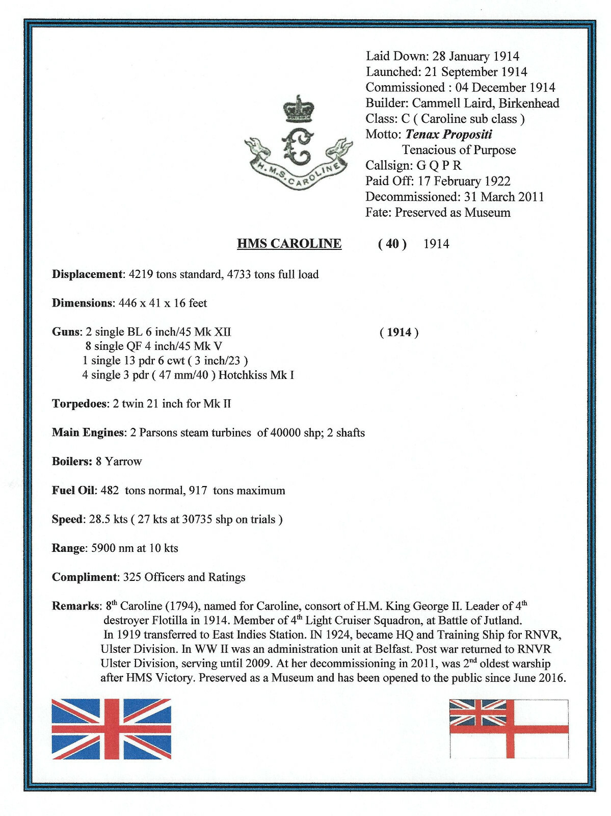 ROYAL NAVY CRUISER HMS CAROLINE 8 X10 PHOTOGRAPH WITH BONUS STATS SHEET