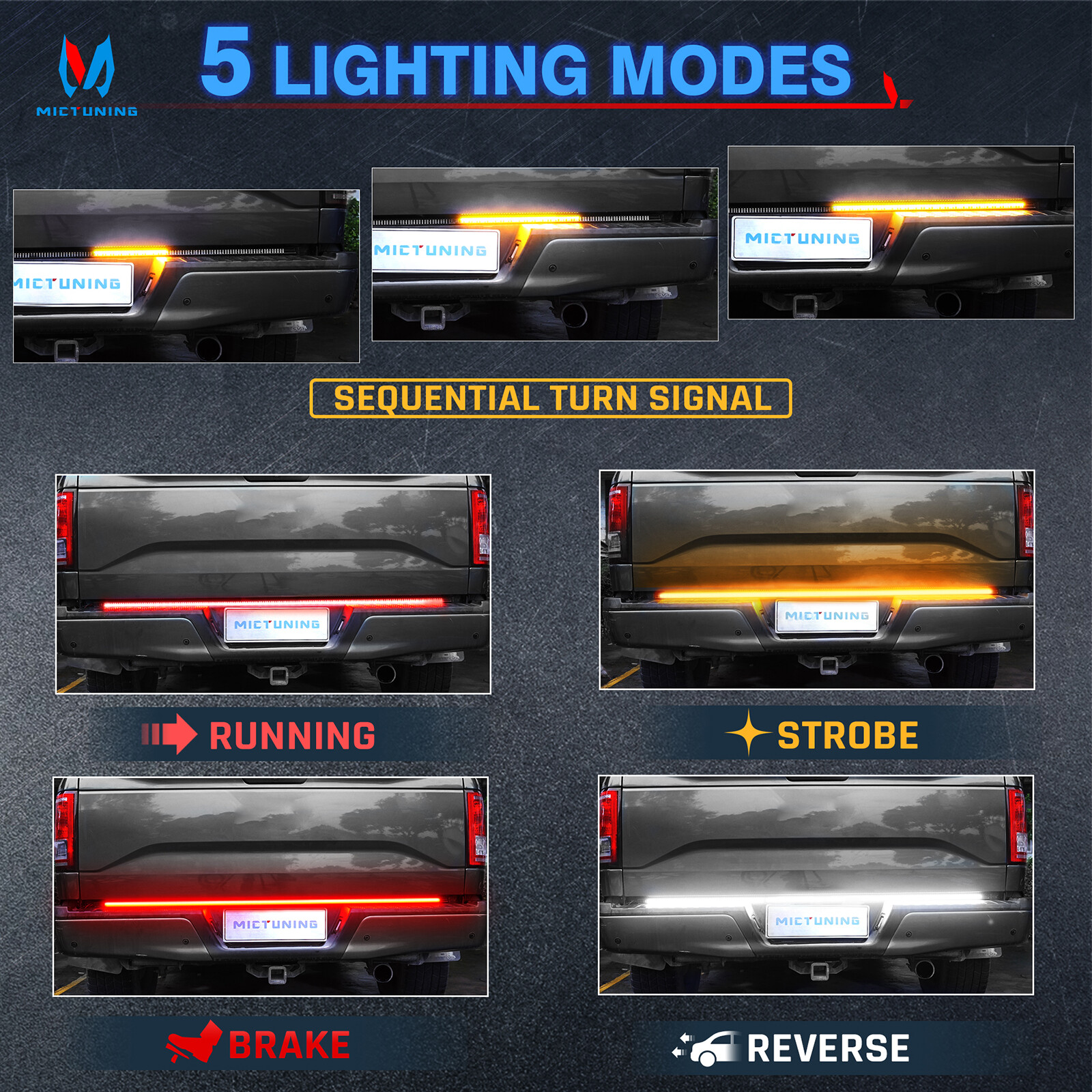 48 Inches Triple 360 LEDs Tailgate Strip Light Waterproof w/4-Way Flat Connector