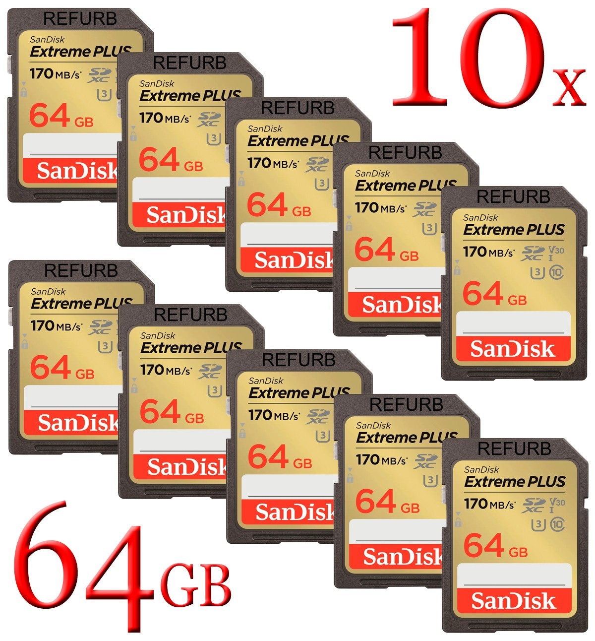 LOT 10x SanDisk SD Extreme PLUS 64GB SDXC - UHS-I U3 V30 Memory Card 170MB/s