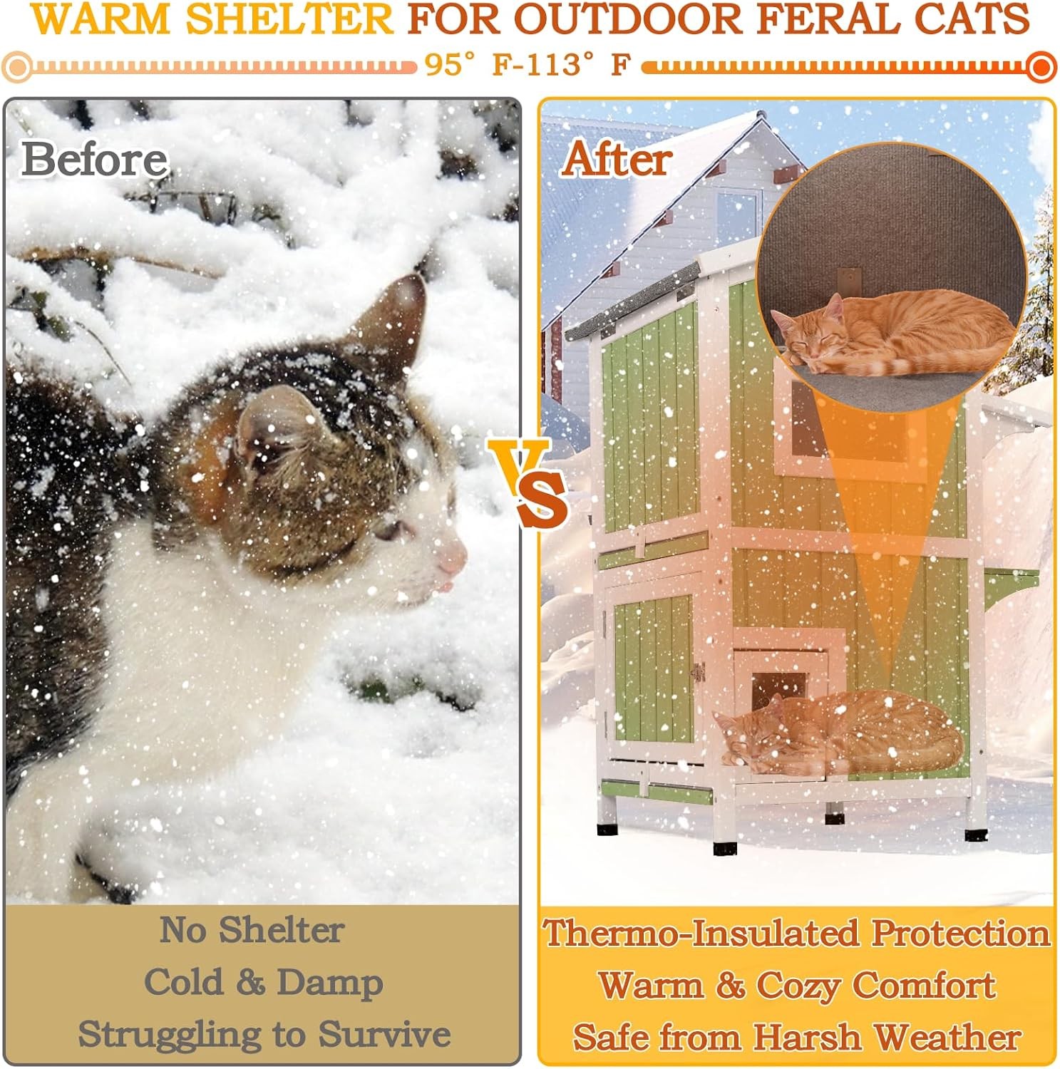 PetsCosset Insulated Cat House Outdoor Shelter Two Story Wooden with Roof,Green