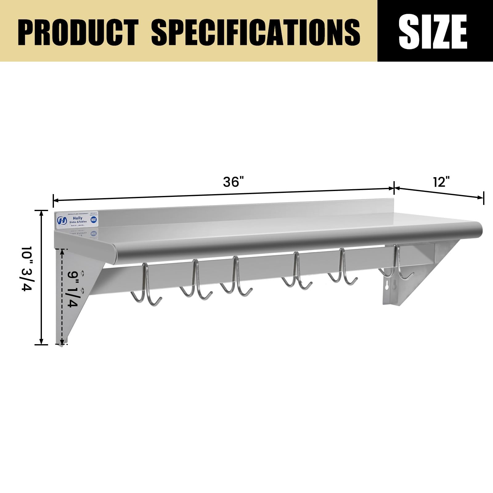 Hally Stainless Steel Shelf With 6 Hooks 12 X 36 Wall Mounted Pot Rack Nsf Com