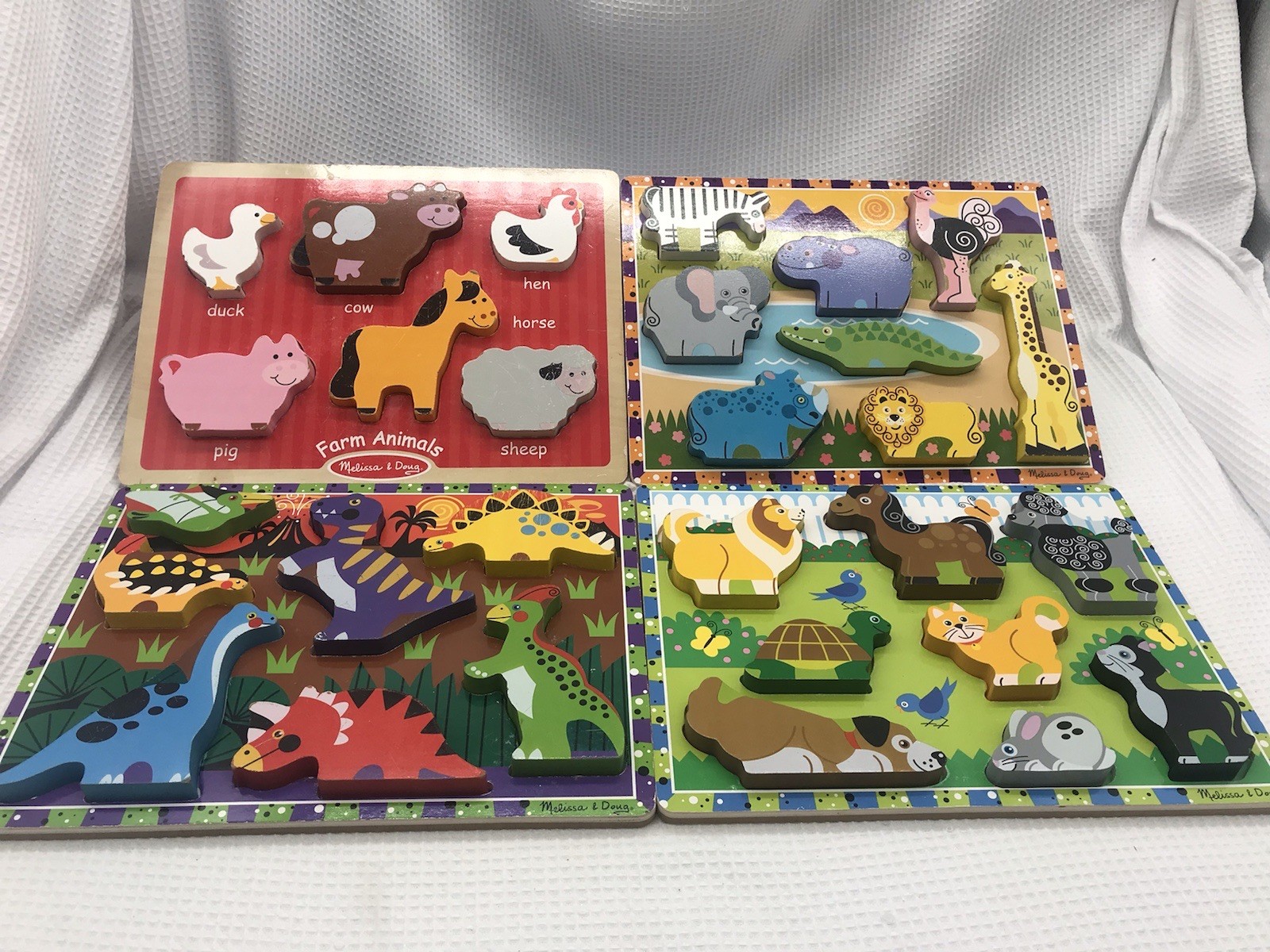 Wooden Chunky Peg Puzzle Lot 4 Melissa & Doug Zoo Farm Animals Pets Dinosaurs￼￼
