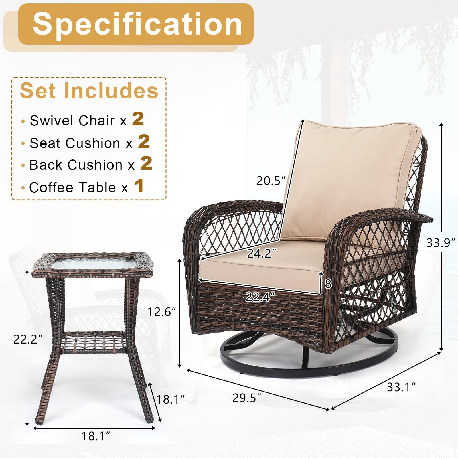 3 Piece Outdoor Patio Set Swivel Rocking Chairs and Bistro Table