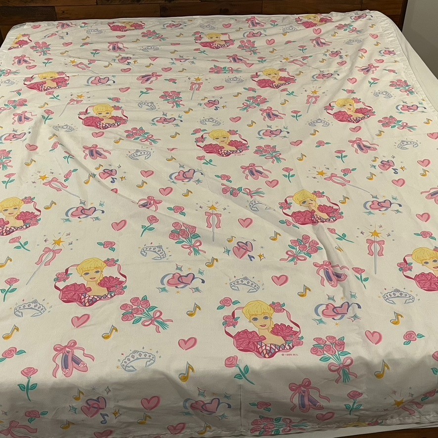 Barbie Flat Bed Sheet VTG 1995 Dan River Pink White Ballerina Twin Size 90x66"