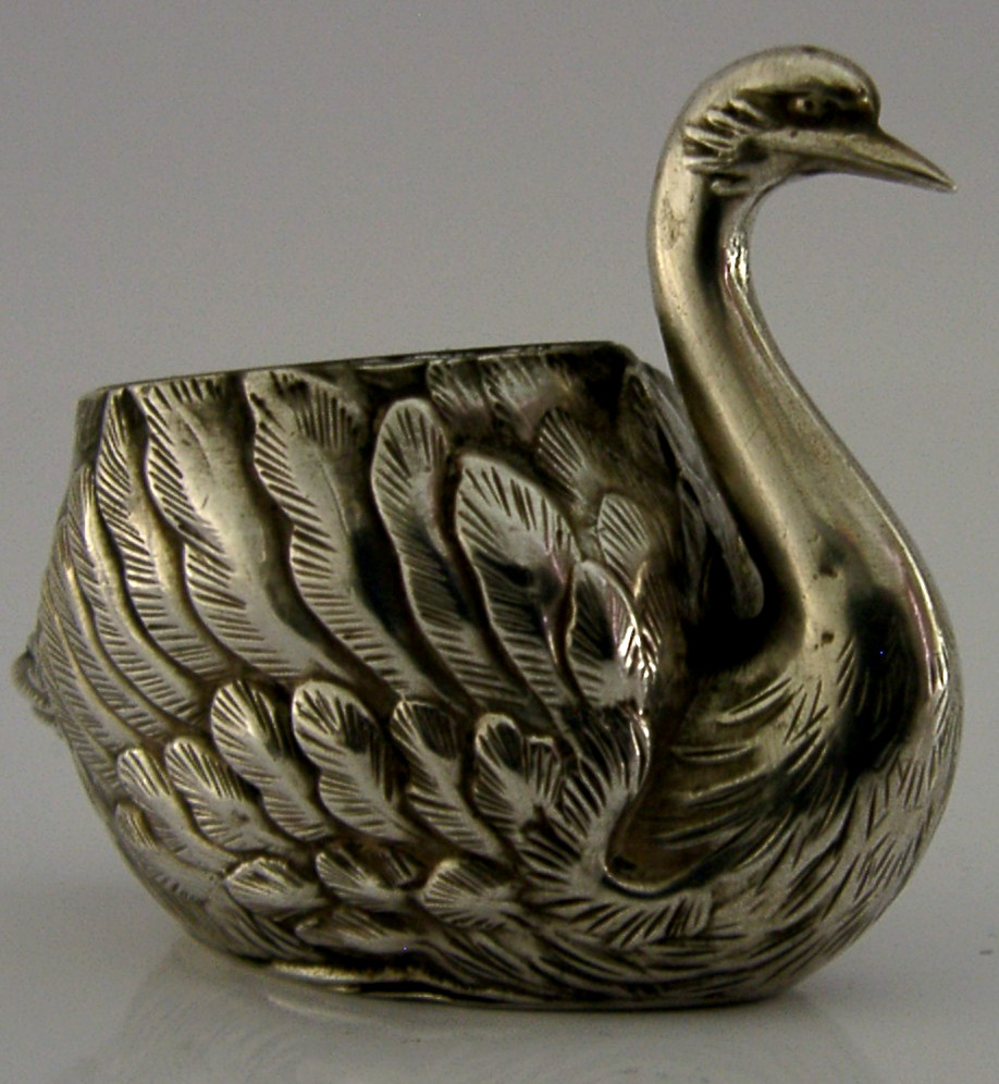 UNUSUAL JAPANESE 950 SOLID STERLING SILVER SWAN SALT CELLAR c1920 ANTIQUE