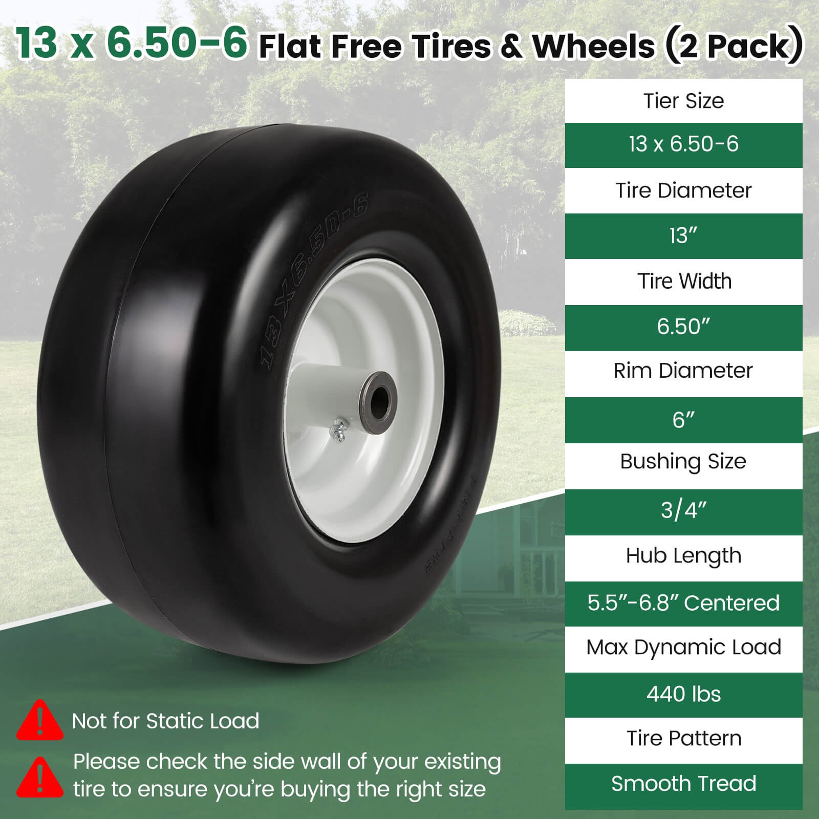 2 Pack 13 x 6.50-6 Flat Free Tires & Wheels w/5.5"-6.8"Centered Hub 3/4" Bushing