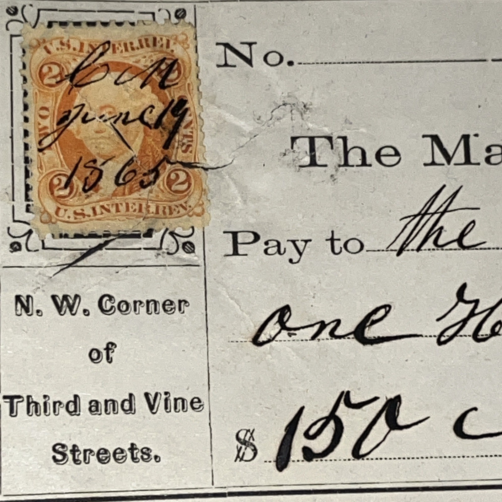 SET OF FIVE HISTORIC PHILADELPHIA REVENUE STAMPED CHECKS 1865-1873 US 2c STAMPS