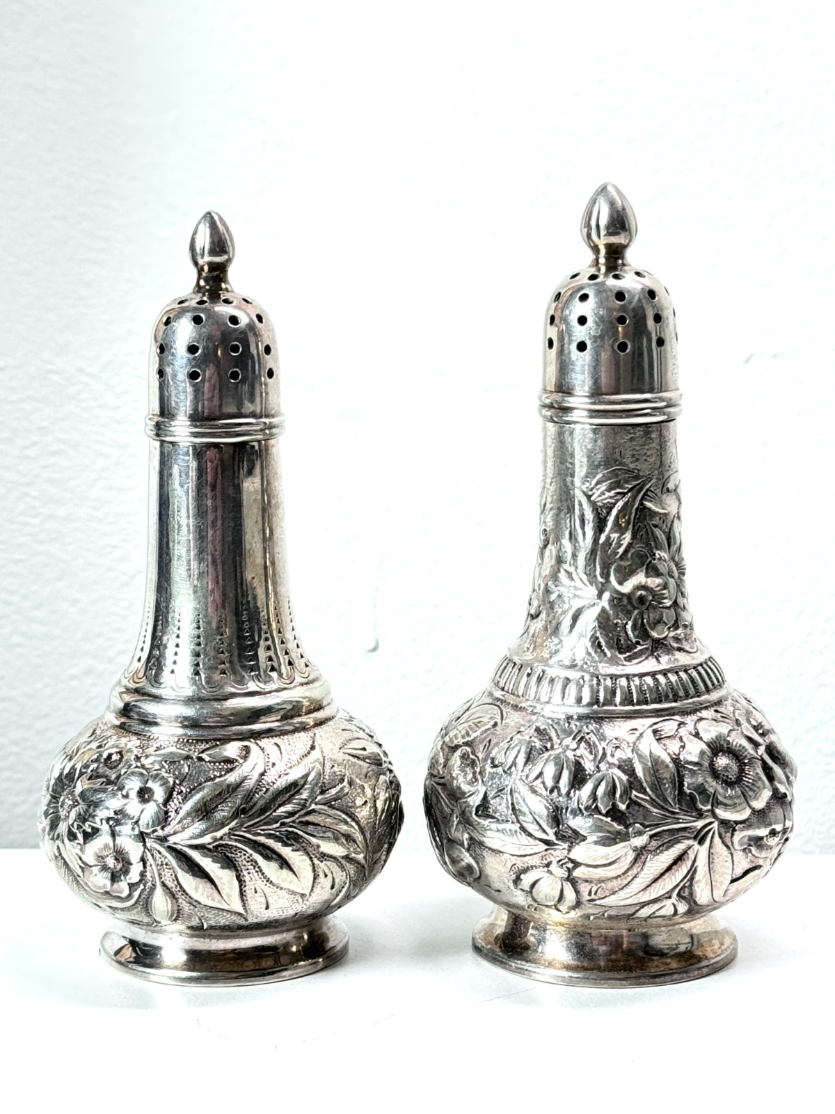 Tiffany & Co Sterling Silver Repousse Floral Salt & Pepper Shakers 5.96 ozt