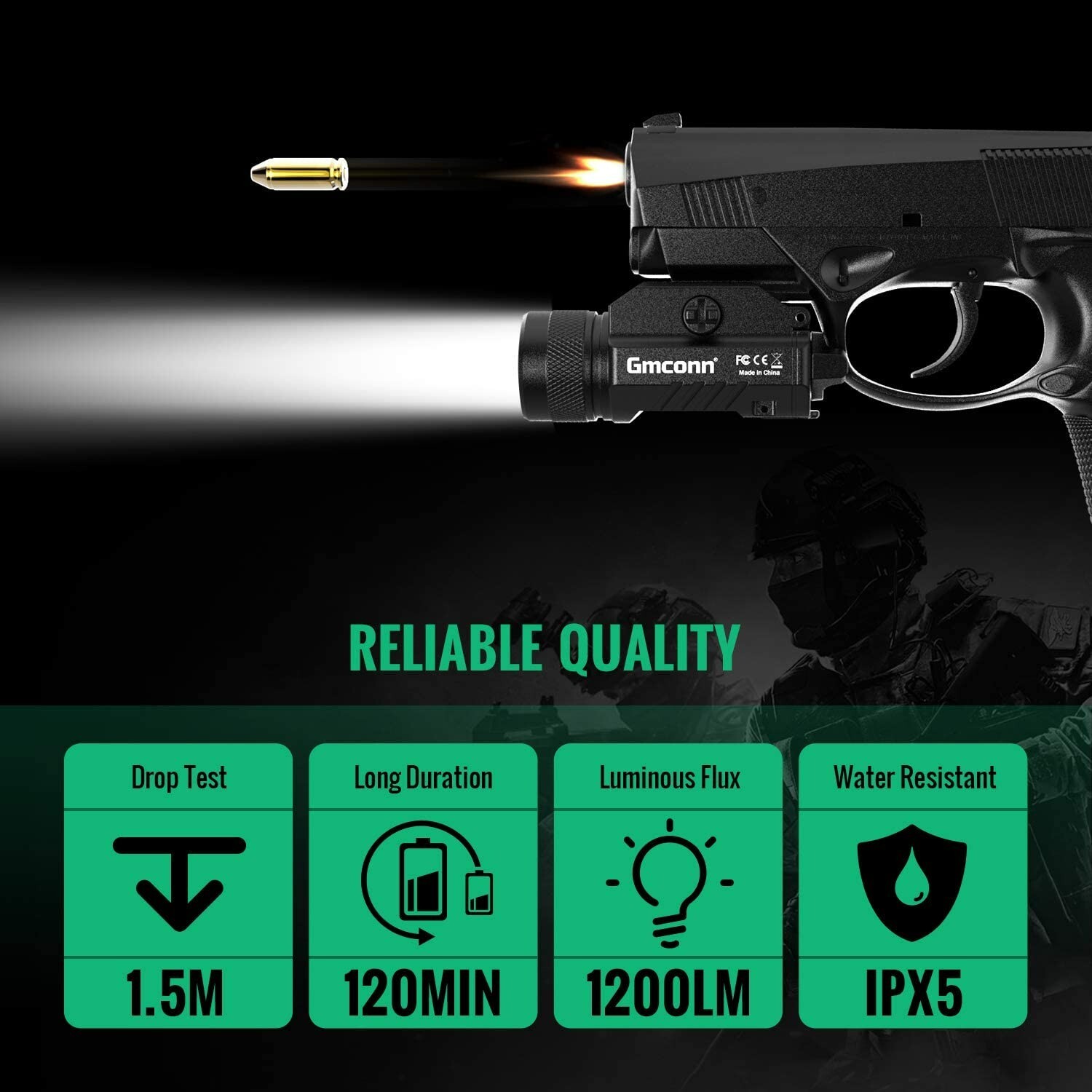 Gmconn 1200 Lumens Tactical Flashlight Pistol LED Strobe Light Picatinny Mounted