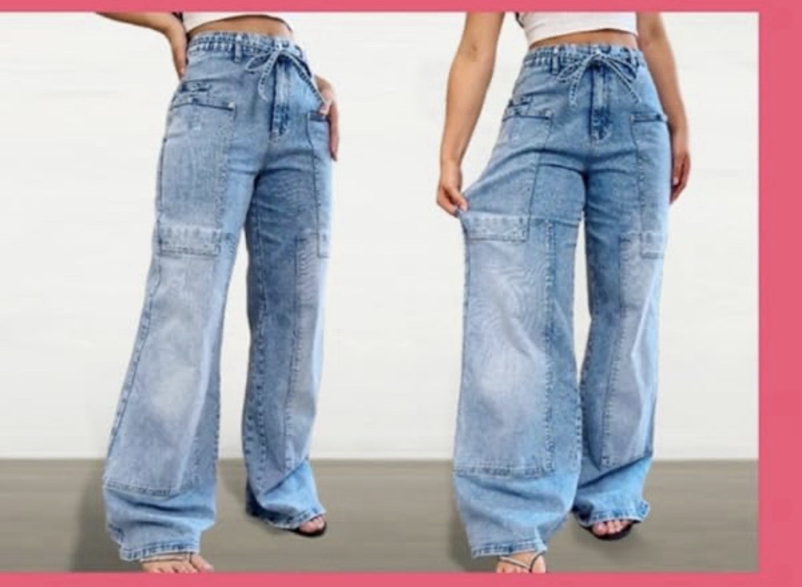 -NWT-Flamingals Wide Leg Jeans Drawstring Mid Waist Baggy Belted Size Large