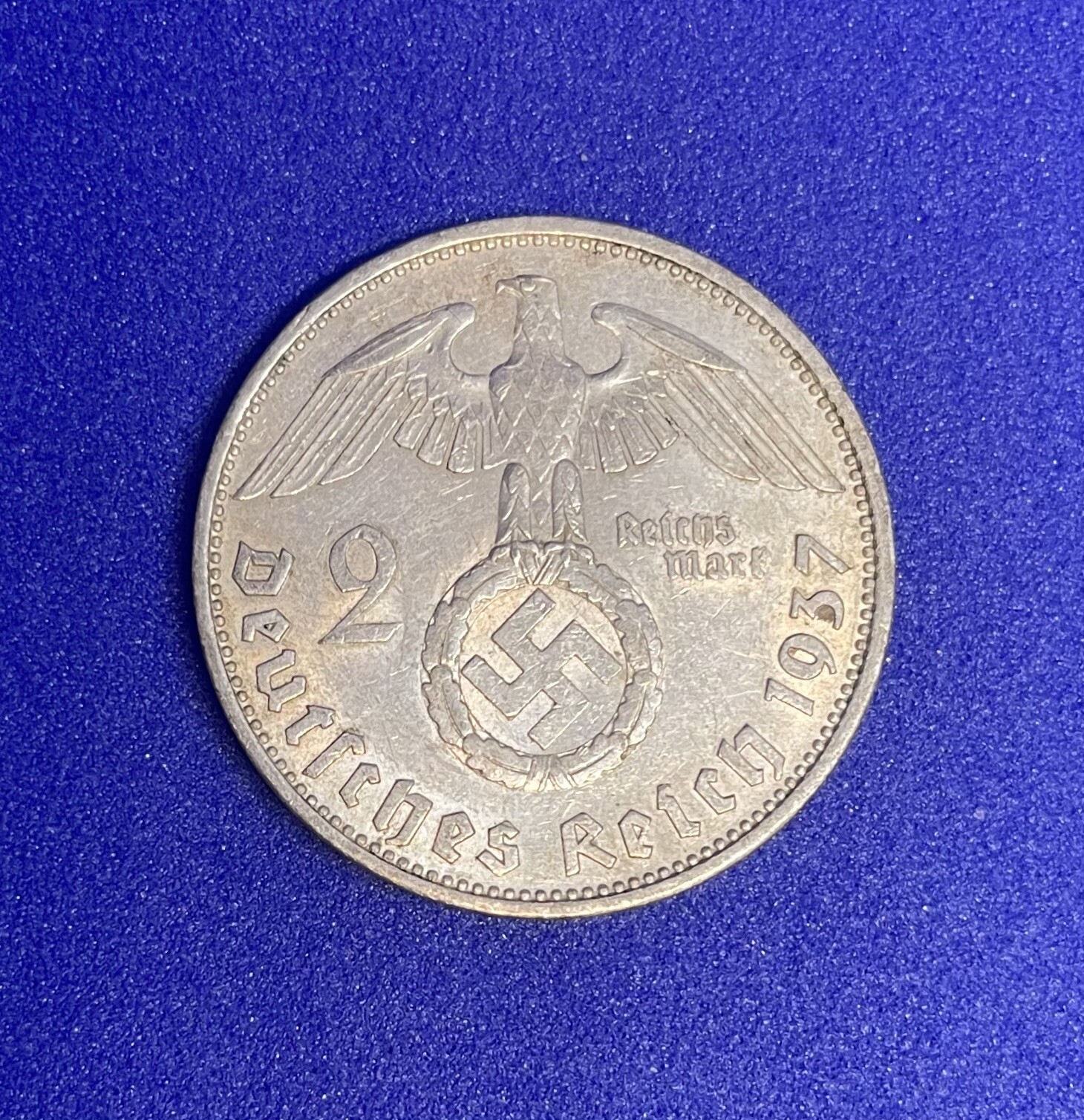1937 A German 2 Reichsmark Coin, WW2, Von Hindenburg, Swastika, Silver