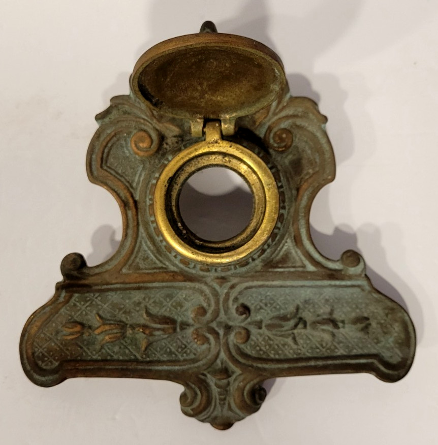 Antique Peerage Foral Brass Inkwell Heavy Made in England