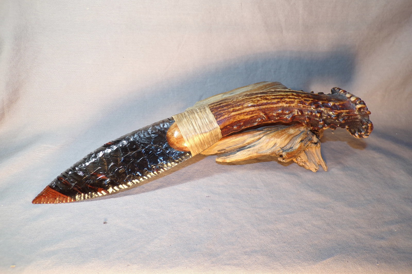 Large Triple Flow Obsidian Paleo Knife Flint Knapping Black Powder Antler Handle