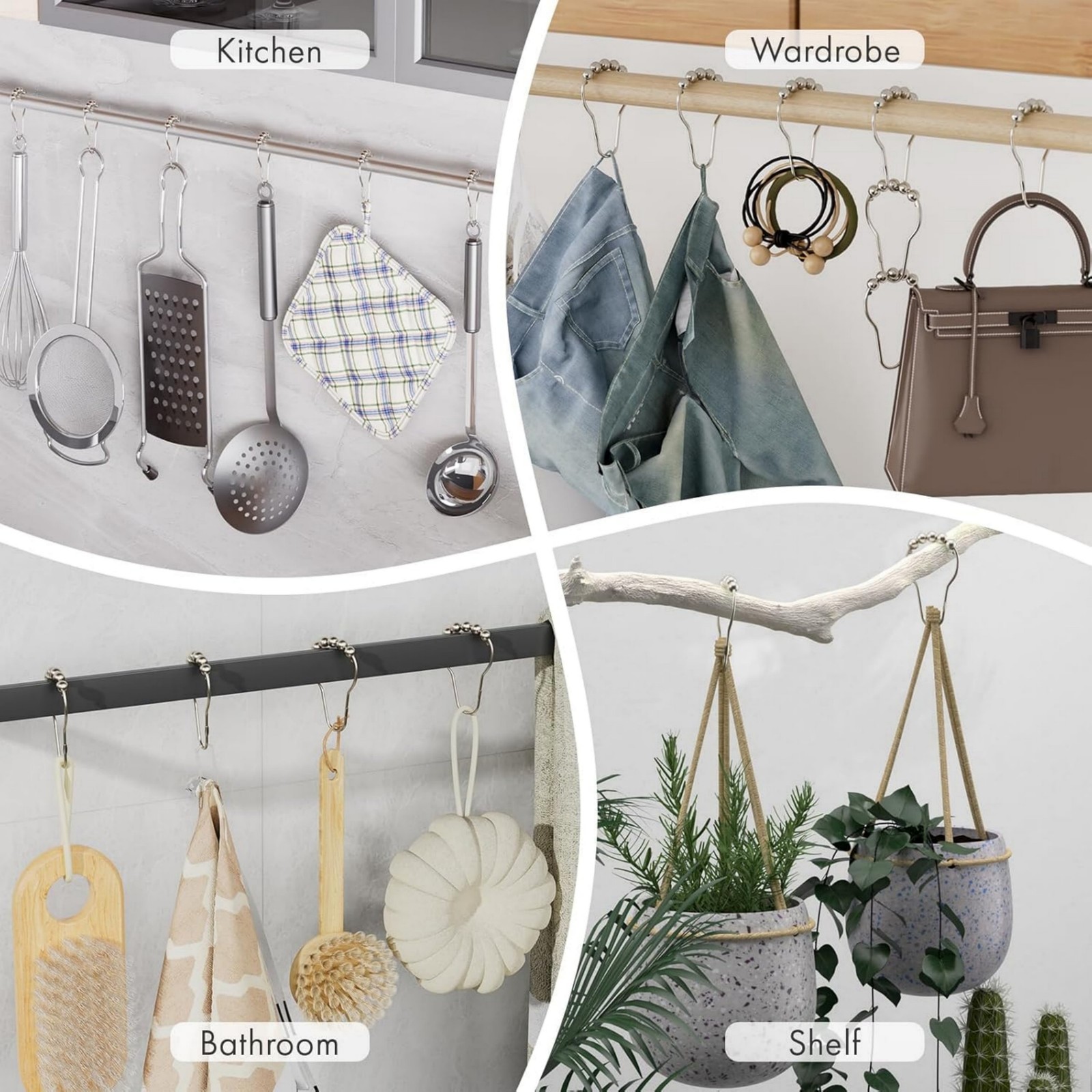 12-Piece Stainless Steel Shower Curtain Hooks with Roller Ball