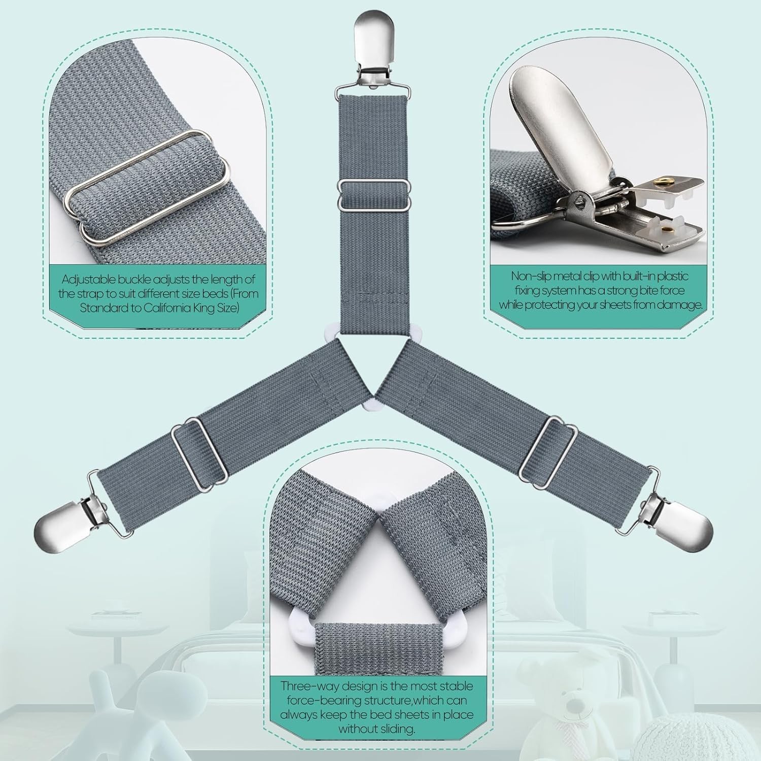 Stay Tidy with 4 Pcs Bed Sheet Straps - Easy Install Fitted Clip System