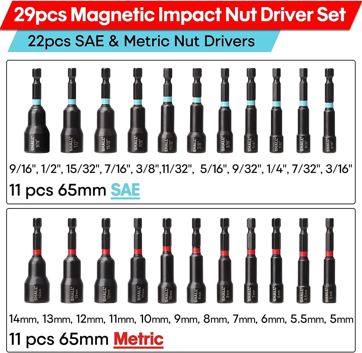 SHALL 29PC Magnetic Hex Nut Driver Set,1/4 " Shank SAE & Metric Power Drill Bit