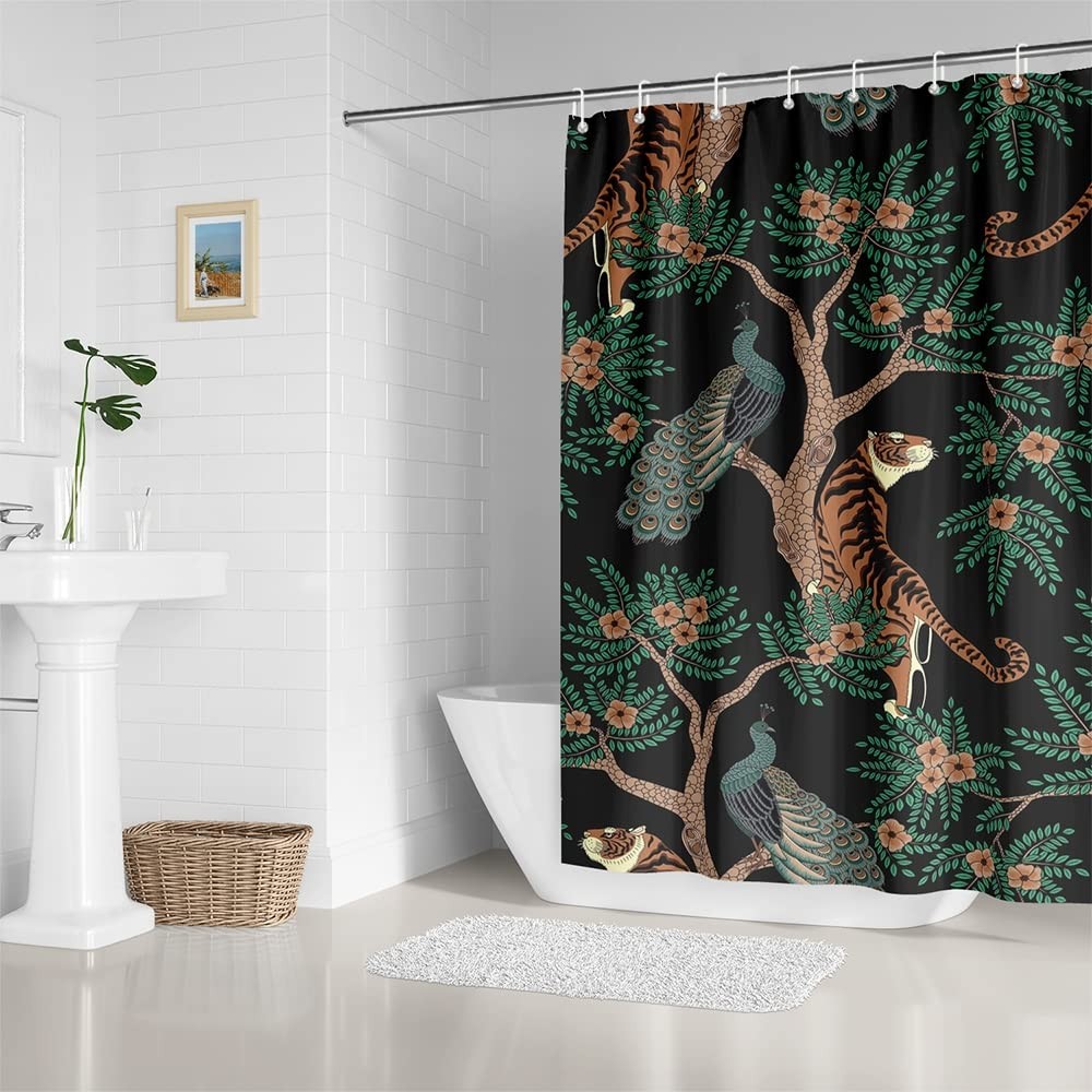 Retro Tiger and Peacock Shower Curtain Set Vintage Dark Green Plant Shower Cu...