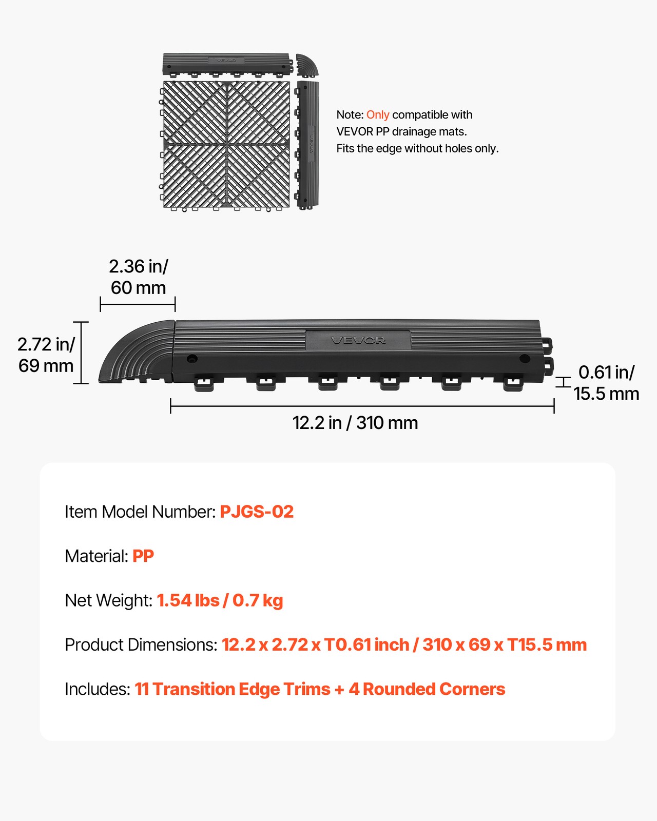 VEVOR Transition Edge Kit 11 Piece Interlocking Modular Garage Floor Edging PP