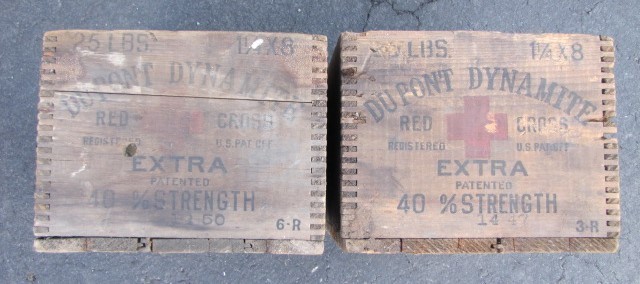 a Pair (2) Antique DUPONT 25lb Red Cross DYNAMITE BOXES High Explosives CRATES