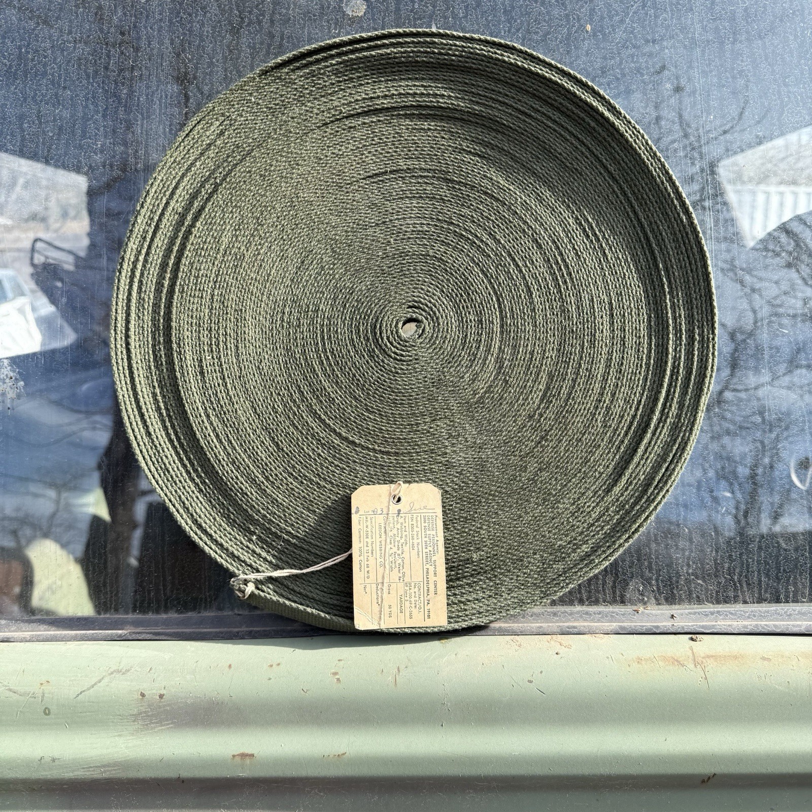 Vtg U.S. Military OD-7 Cotton Webbing 5/8 inch wide ~50 Yards  Dated 1969. Tag