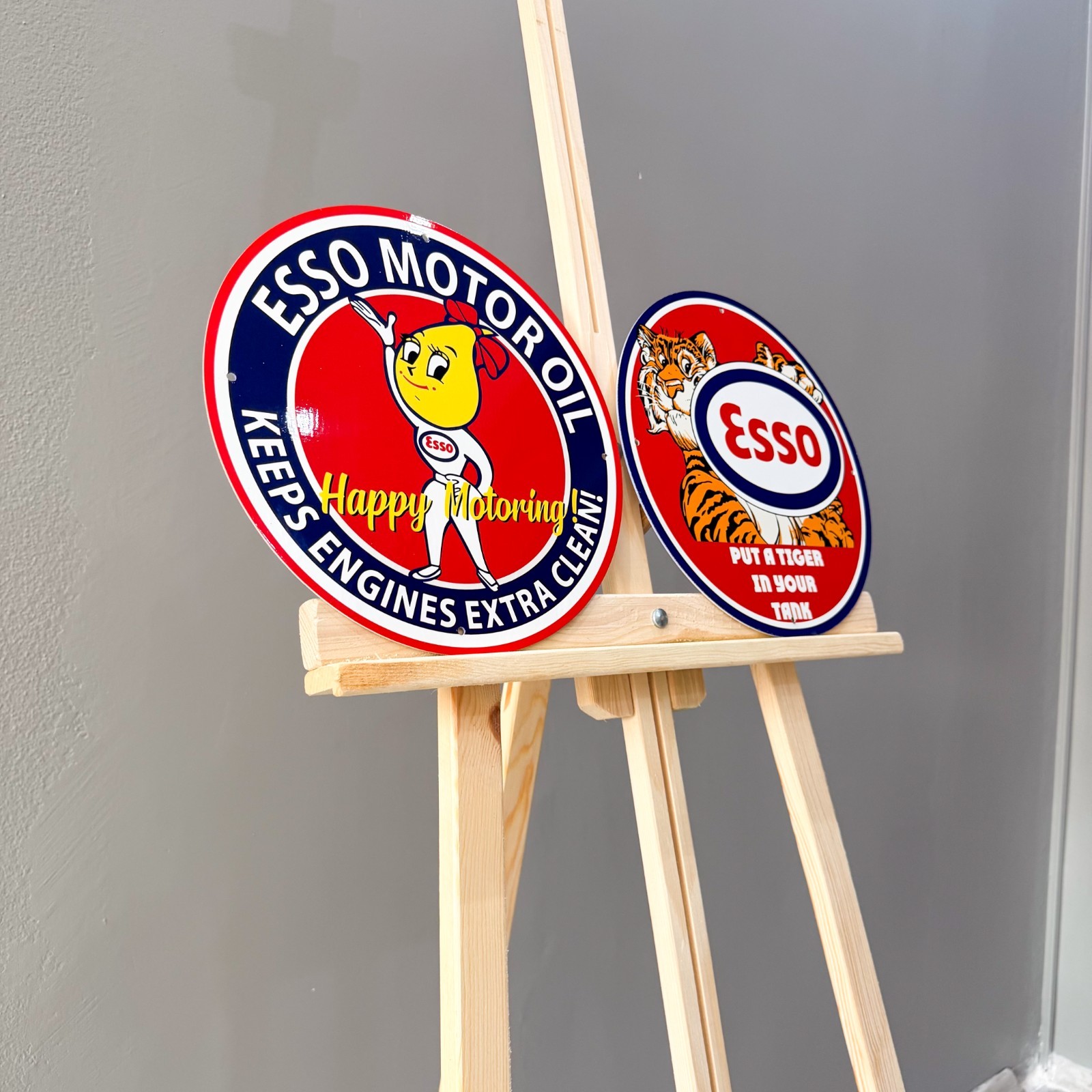 Esso Vintage Metal Sign Set of 2 Happy Motoring Female & Tiger – 30 cm / 11.8”