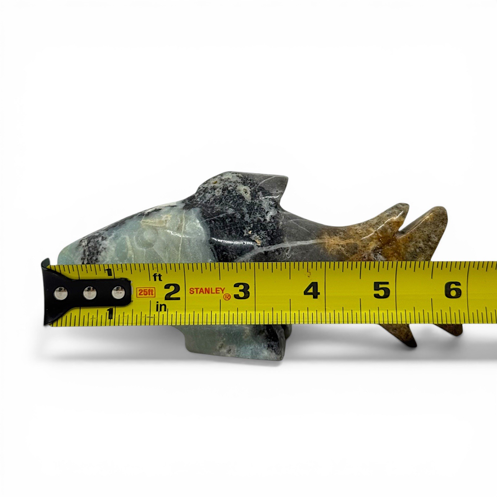 Caribbean Calcite Stone Shark Sculpture Carved Crystal Art Decor 450grams