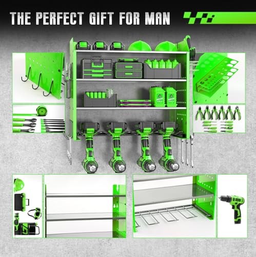 Power Tool Organizer Wall Mount with Charging Station, 4 Layers Garage Storage