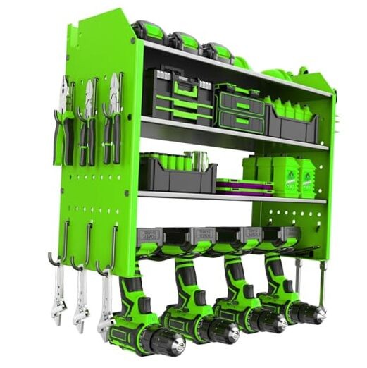 Power Tool Organizer Wall Mount with Charging Station, 4 Layers Garage Storage