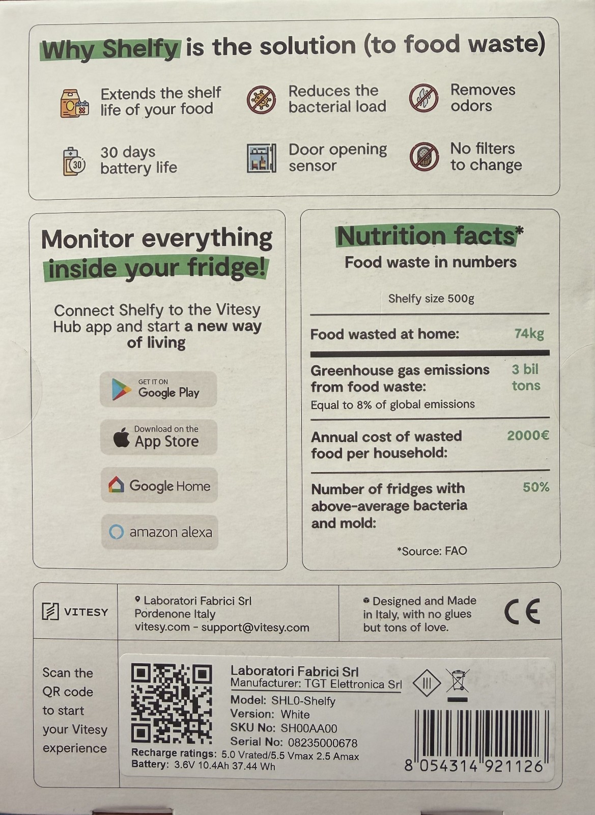 Vitesy Shelfy Fridge Air Filter Purifier, Extends Freshness Model SHLO - New!