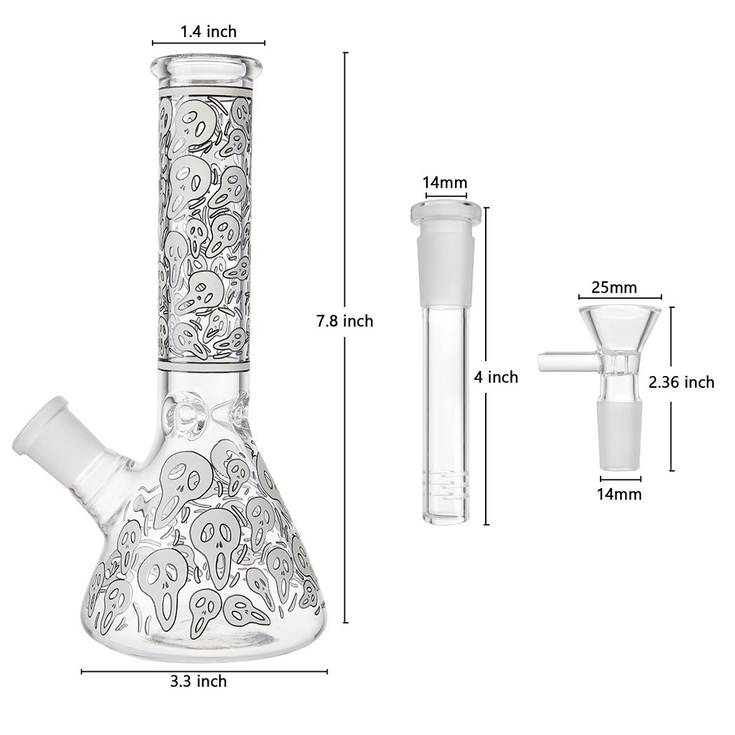 7.8" Skull Fluorescent Glass Bong Glass Water Pipe Smoking Tobacco Beaker 14MM