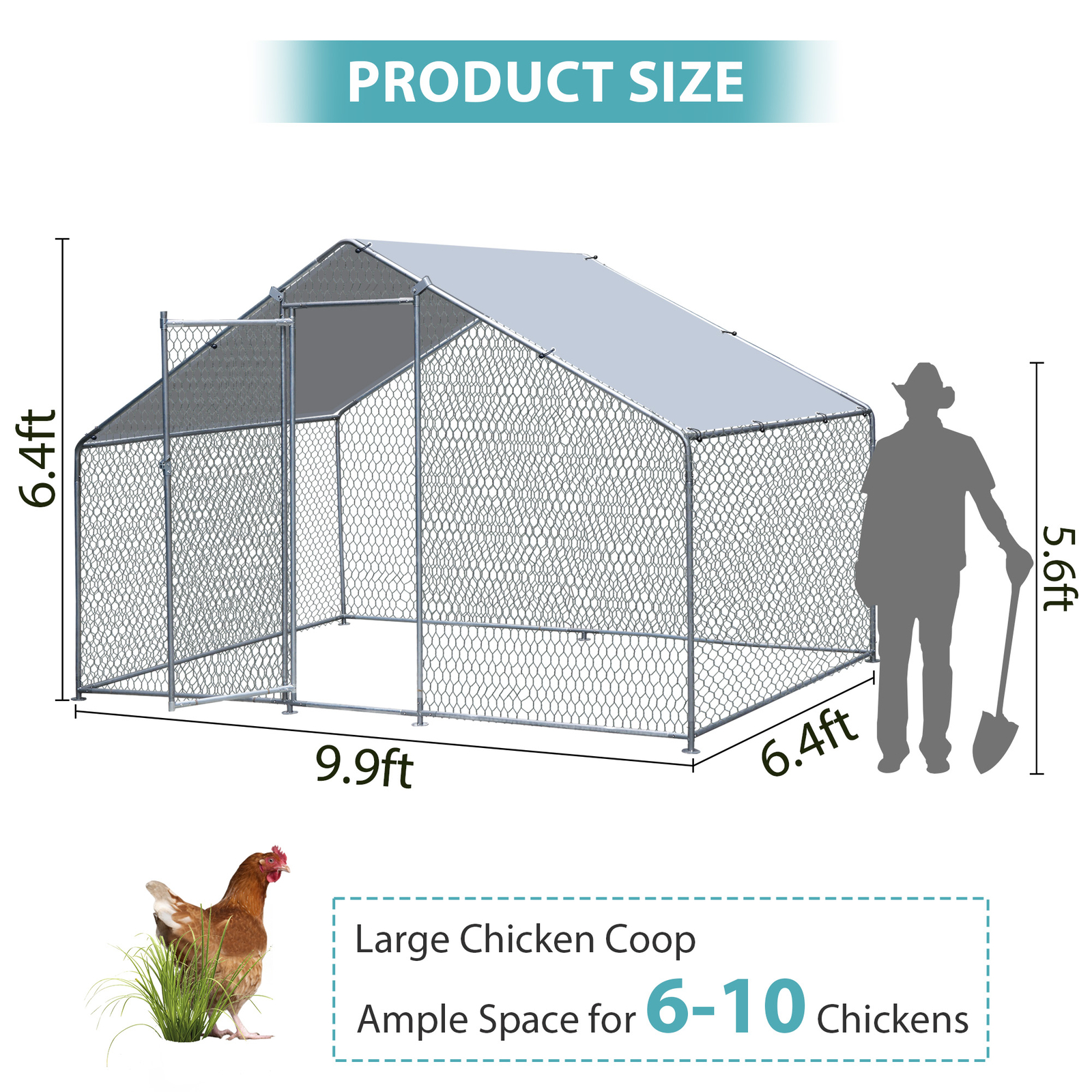 10X 6.5ft Walk-in Metal Chicken Coop Poultry Cage Pet House w/ Chicken Run Cover