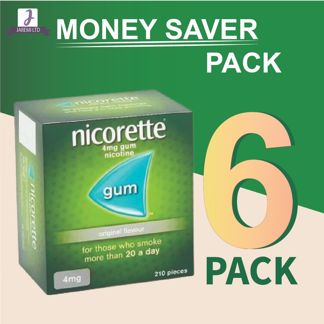 6 x Nicorette ORIGINAL Flavour Gum 4 MG 210 Pieces