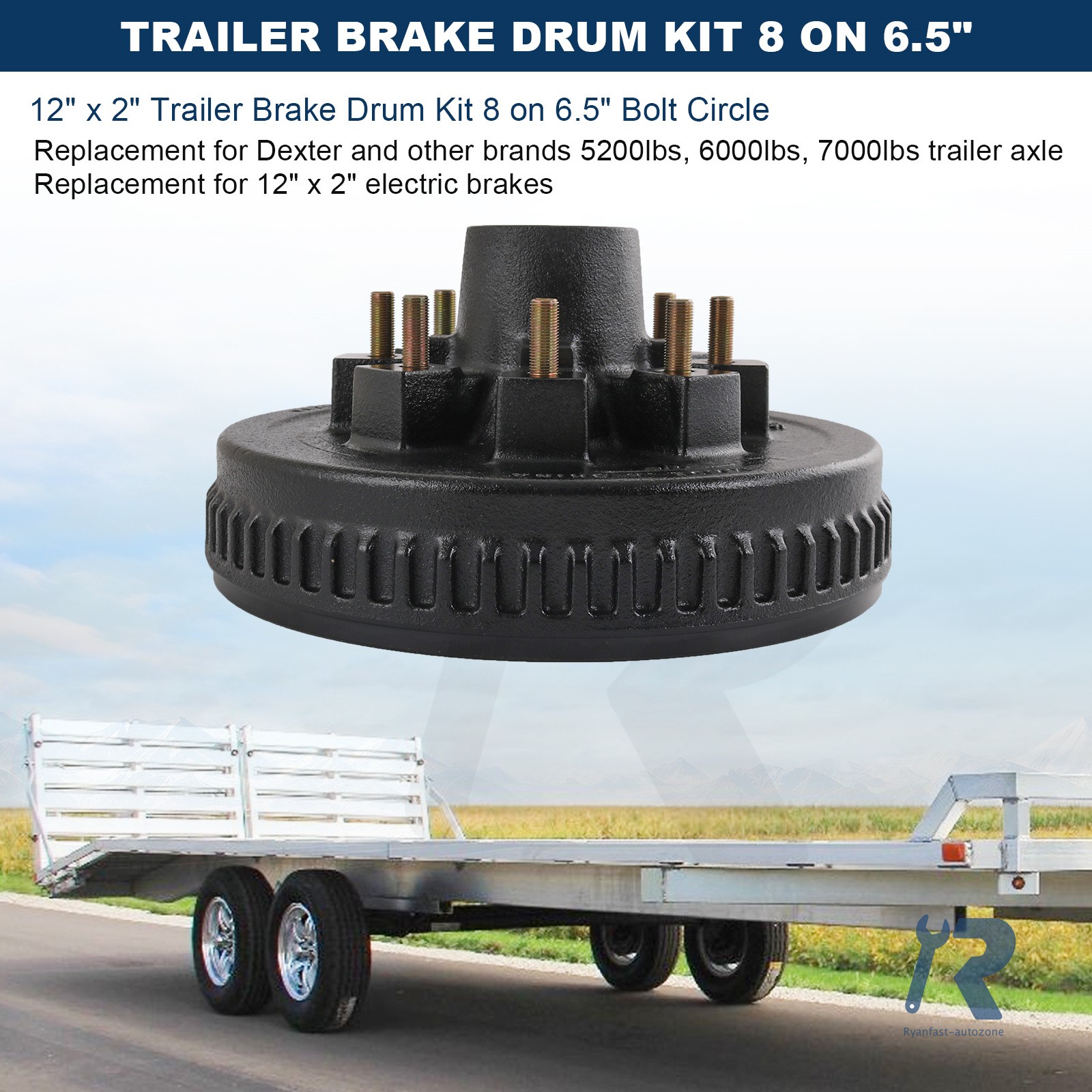 Trailer wheel hub kit 8 on 6.5" Bolt w/ 12" x 2" Left and Right Electric Brake