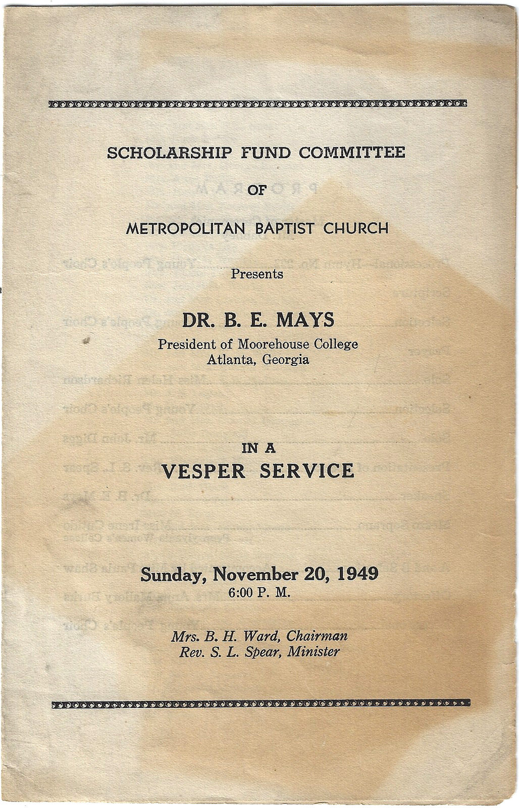 Vintage Atlanta~Morehouse College President at Black Baptist Church~1949 Program