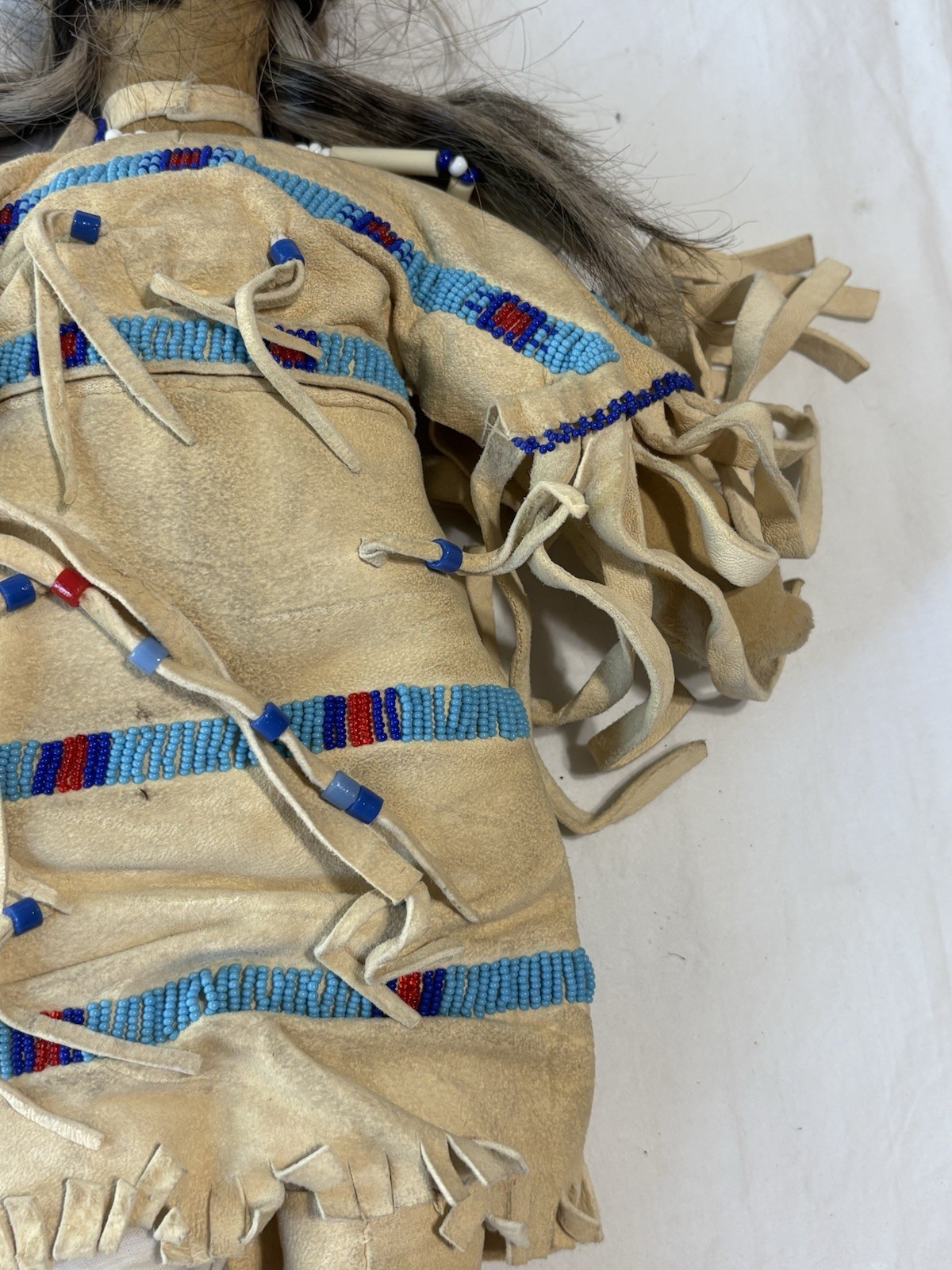 Vintage Native American Handmade Buckskin Beaded Doll 16"” Real Hair