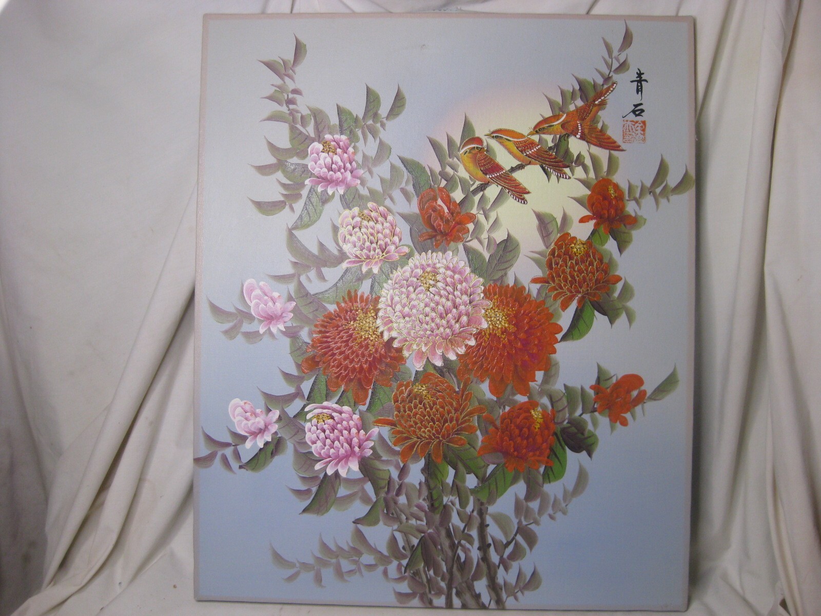 vintage Asian painting Chinese ? birds with flowers 20" x 24" original art *NOTE