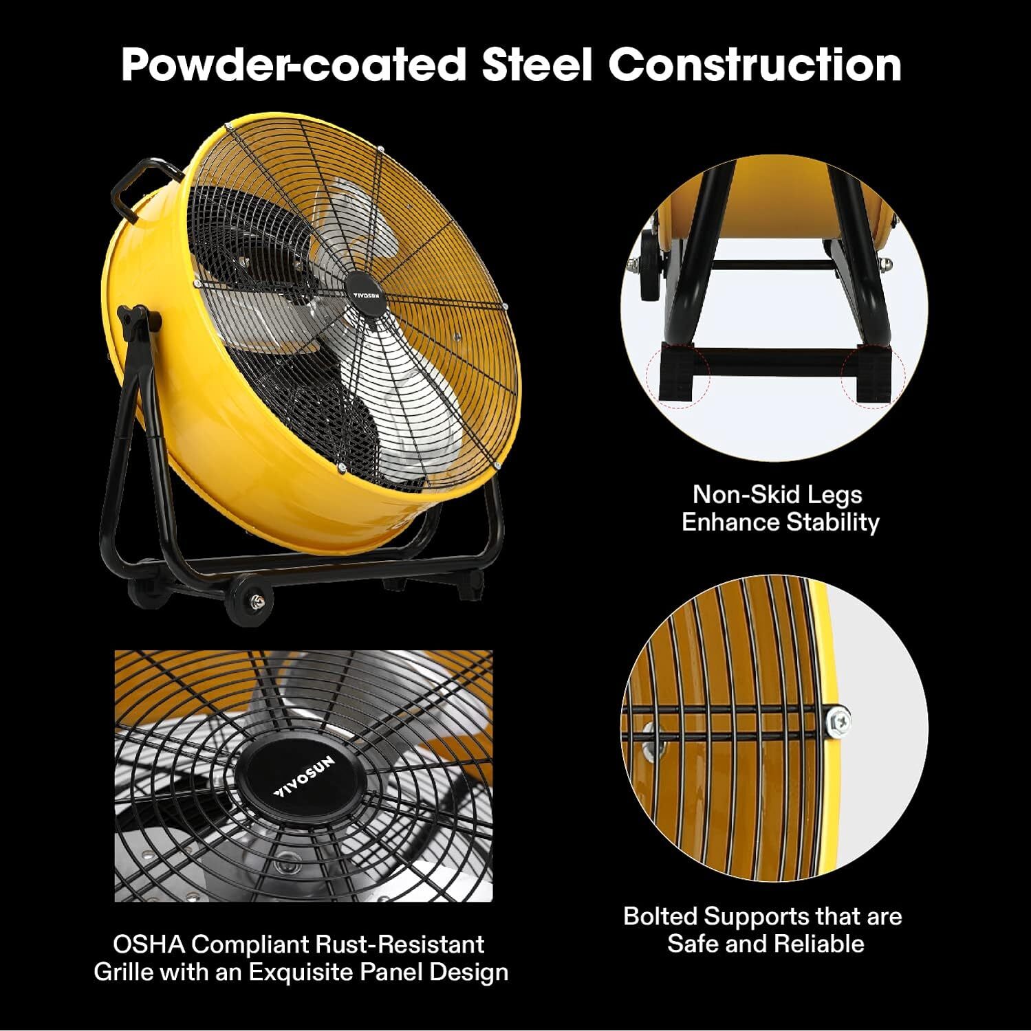 VIVOSUN 24" Industrial Tilt Drum Fan 3 Velocity Speed 360° Adjustable Floor Fan