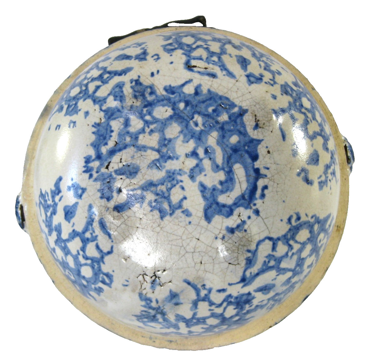 Spongeware Stoneware Blue & White Mixing Bowl with Bail Handle 8 1/2 in x 4 in