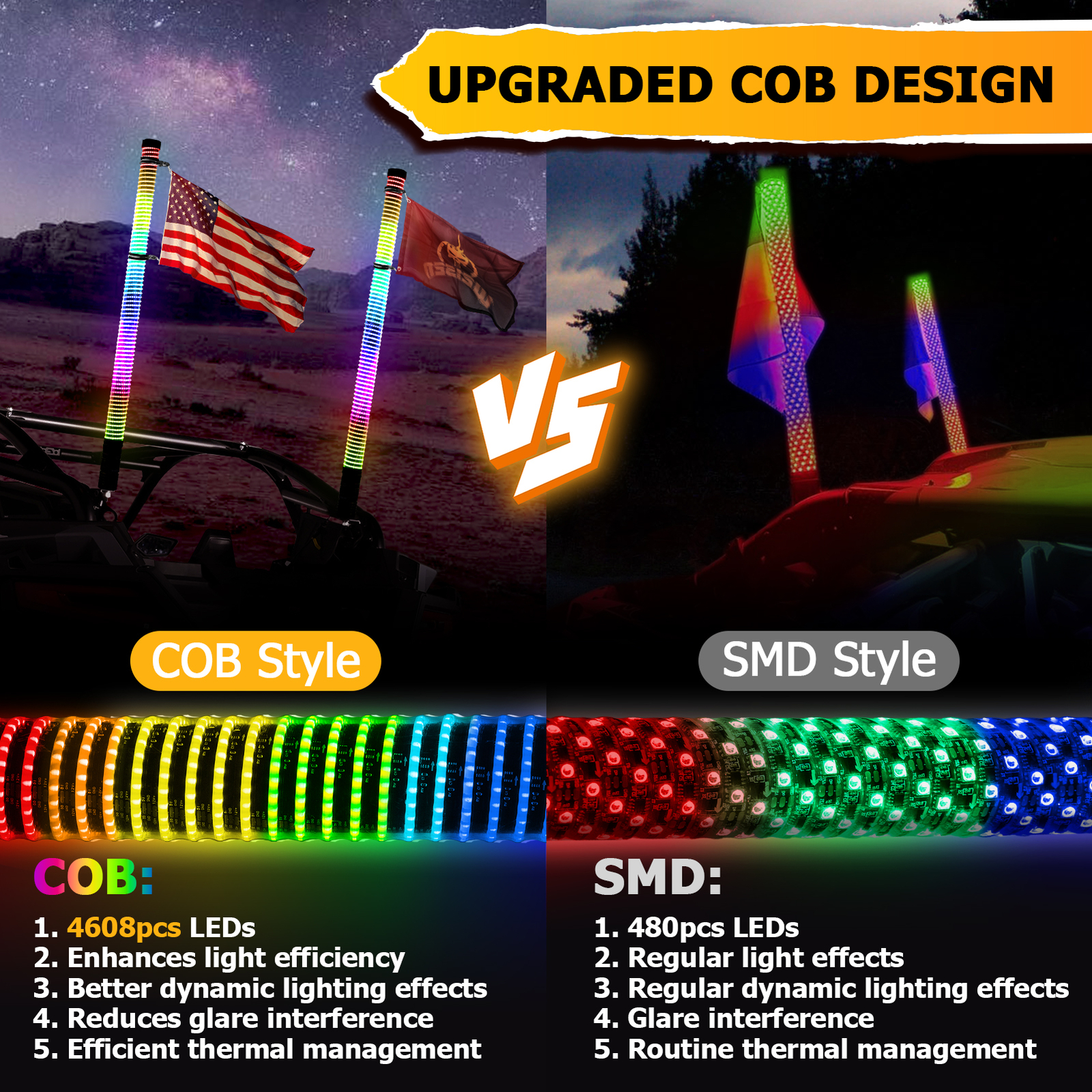 2x 3FT COB Thick LED Whip Spiral Chasing RGB Fat Whip Lights For Can Am Polaris