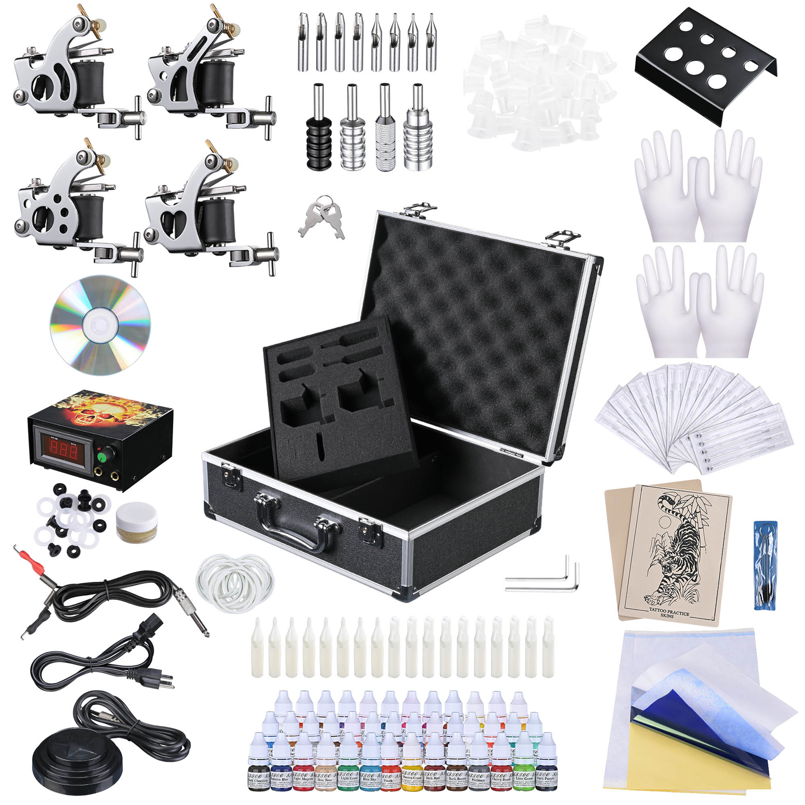 Complete Tattoo Kit 4 Machine Gun 40 Ink LCD Power Supply Grips Tip Carring Case