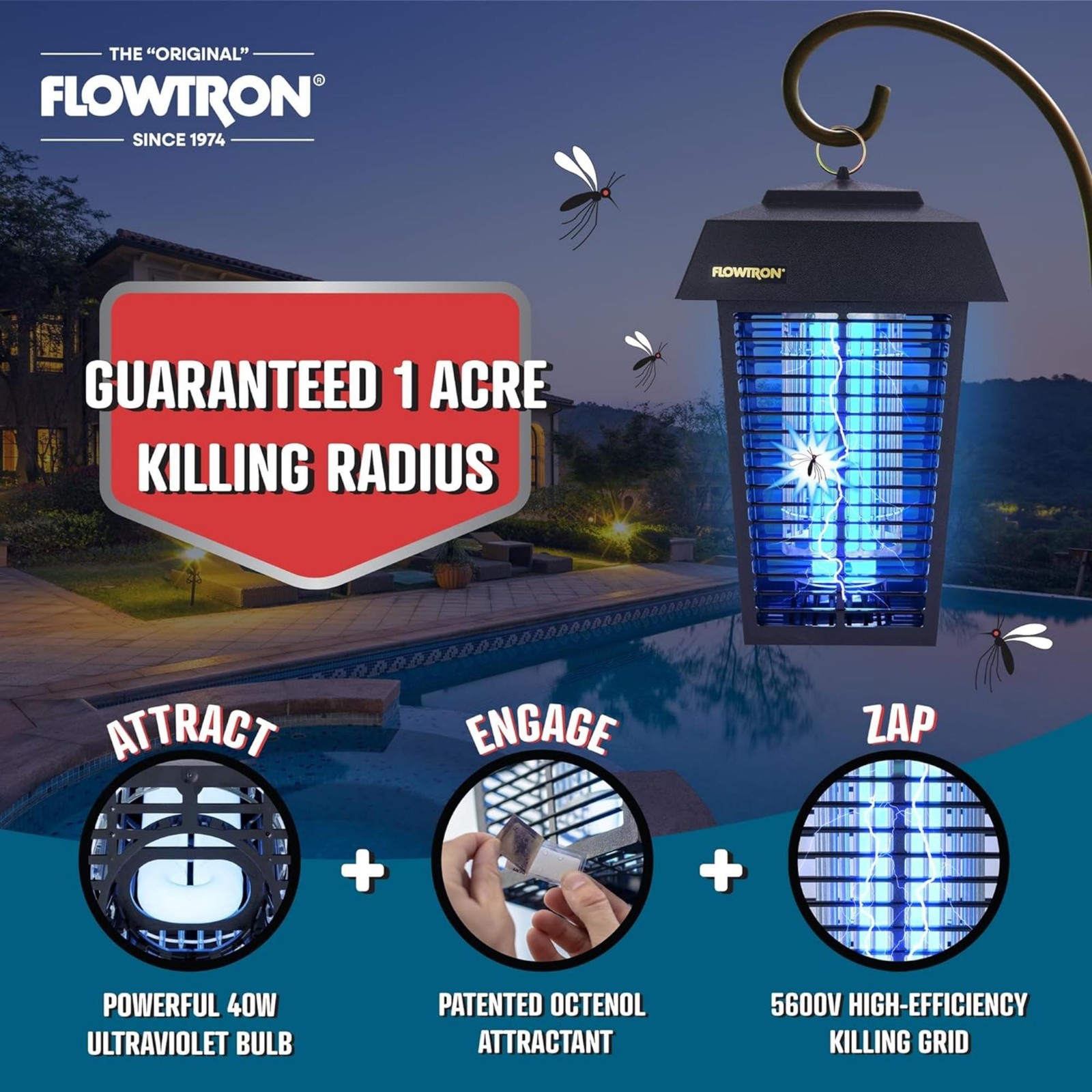 Flowtron Bug Zapper 1 Acre of Coverage w/ 40W Bulb & 5600V Killing Grid