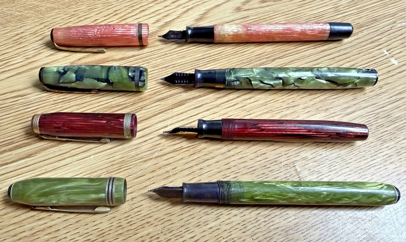 Lot Of 4 - Vintage Fountain Pens - Pink, Green, Burgundy Writing Instrument Pen